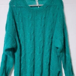 By Anthropologie Sweater Sz 1X Green The Posey Stitchy Wool Open Knit
